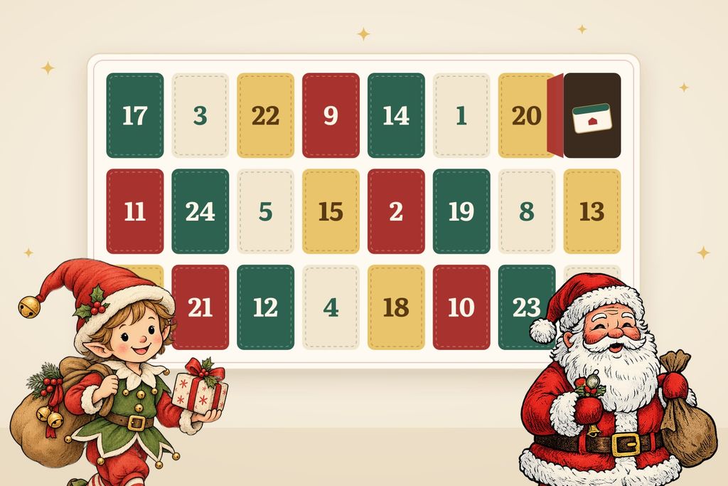 Gezeichneter Adventskalender mit 24 bunten Türchen – hinter dem geöffneten sechsten Türchen steckt ein Gutschein, davor stehen der Weihnachtswichtel und der Weihnachtsmann