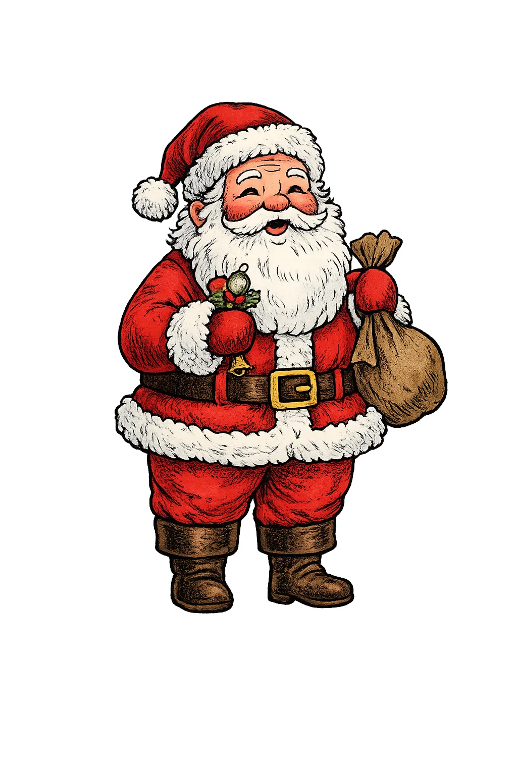 Illustration des Weihnachtsmanns in rotem Mantel mit Glöckchen und Geschenkesack