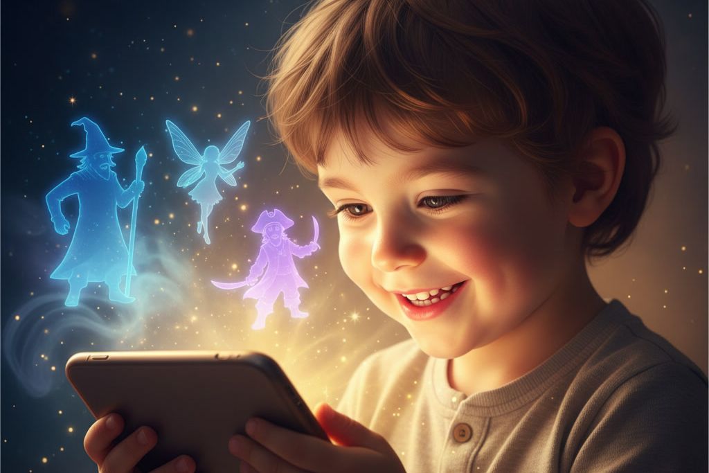 Ein lächelnder Junge schaut auf ein Tablet, über dem leuchtende Gestalten eines Zauberers, einer Fee und eines Piraten schweben