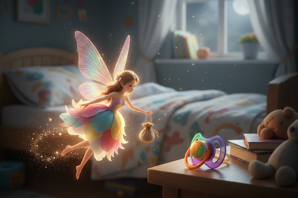 Eine Fee mit schillernden Flügeln und buntem Blütenkleid fliegt mit einem Säckchen durch ein nächtliches Kinderzimmer zum Schnuller auf dem Nachttisch