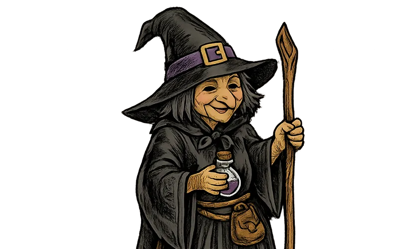 Illustration der Hexe Rosalinde mit Spitzhut, Zaubertrank-Fläschchen und Holzstab