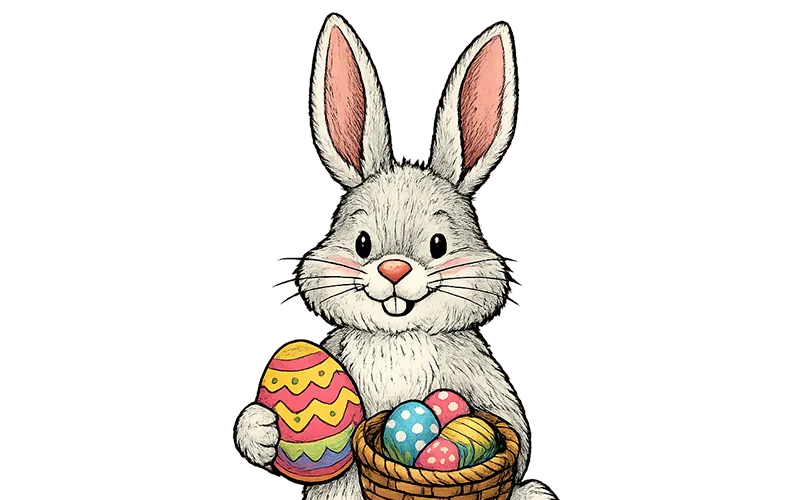 Illustration des Osterhasen mit grauem Fell, einem bunt bemalten Osterei und einem Körbchen voller Eier