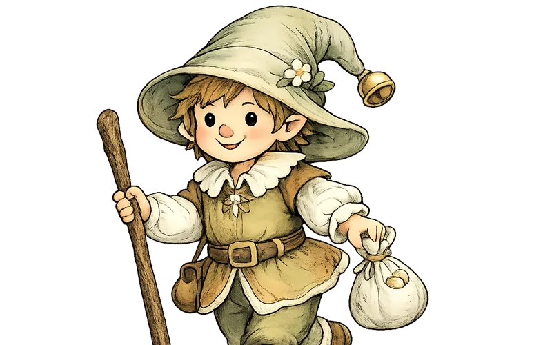 Illustration des kleinen Zwergs mit grüner Zipfelmütze, Glöckchen und Wanderstock