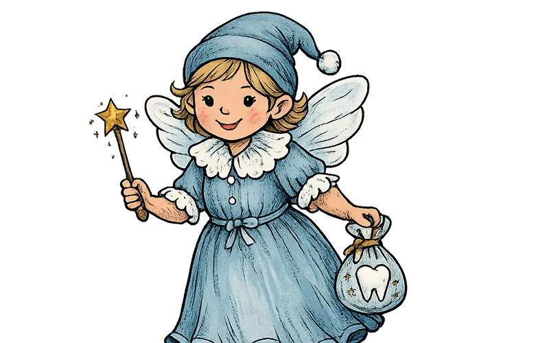 Illustration der Zahnfee mit blauer Zipfelmütze, Feenflügeln, Sternenzauberstab und einem Säckchen mit Zahn-Motiv