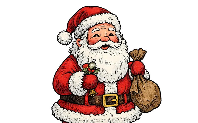 Illustration des Weihnachtsmanns mit rotem Mantel, Glöckchen und Geschenkesack