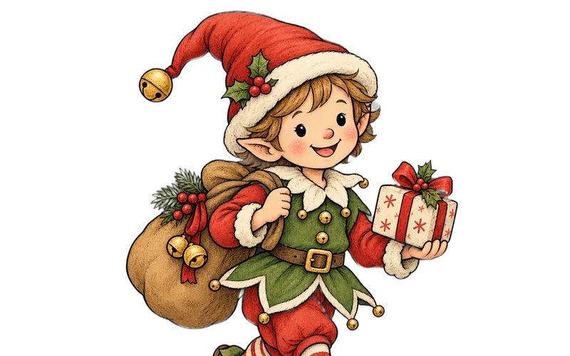 Illustration des Weihnachtswichtels mit roter Zipfelmütze, grünem Wams, Geschenkesack und einem Päckchen in der Hand
