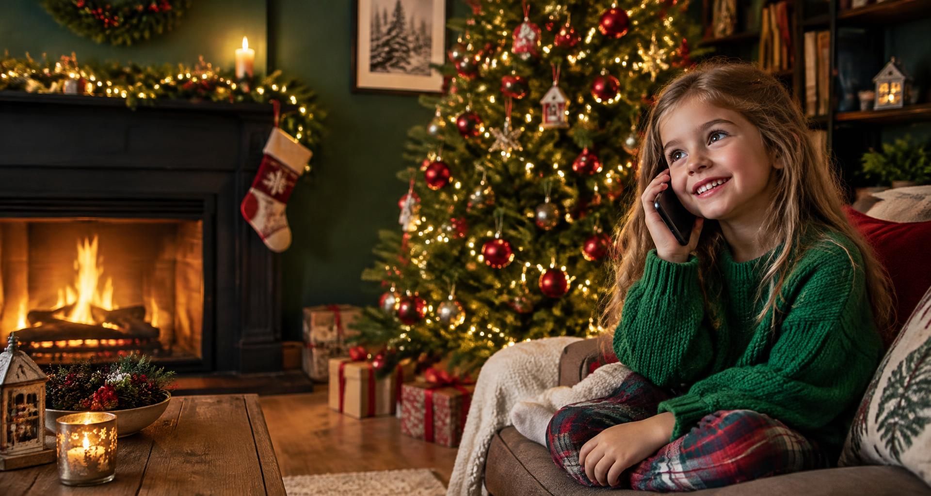 Ein Mädchen telefoniert strahlend vor dem geschmückten Weihnachtsbaum im Wohnzimmer