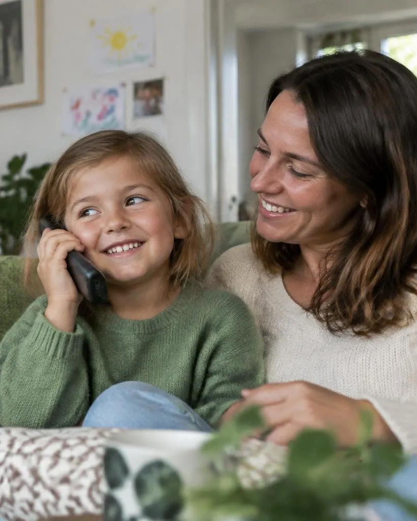 Ein Mädchen telefoniert lachend auf dem Sofa, ihre Mutter sitzt daneben und freut sich mit