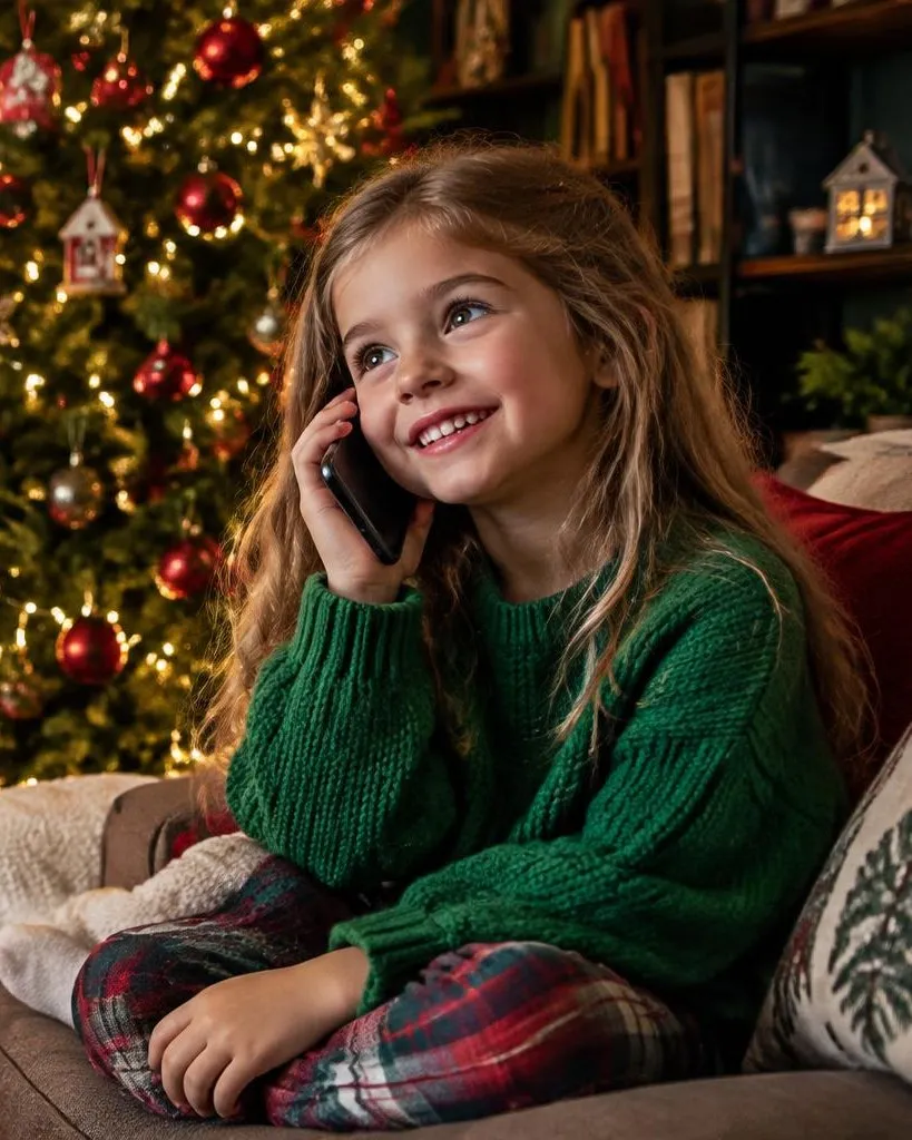 Ein Mädchen im grünen Pullover telefoniert lachend vor dem geschmückten Weihnachtsbaum