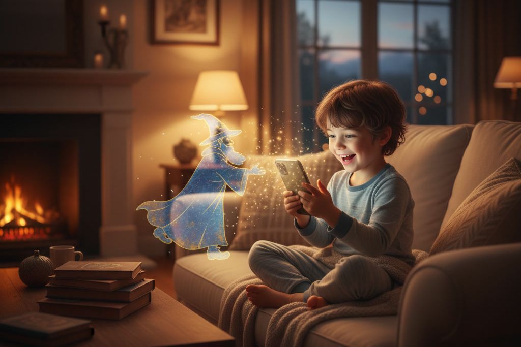 Ein Junge im Schlafanzug sitzt abends vor dem Kamin auf dem Sofa und blickt lachend auf sein Smartphone, neben ihm schwebt eine leuchtende Zauberergestalt