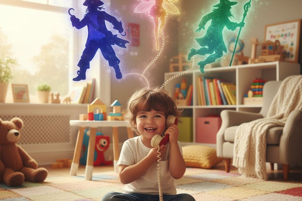 Ein lachendes Kleinkind sitzt im Kinderzimmer auf einem bunten Teppich und telefoniert mit einem Spielzeugtelefon, darüber leuchten Pirat, Fee und Hexe
