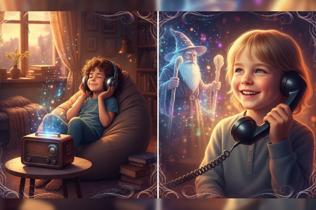 Zweigeteiltes Bild: links hört ein Kind mit Kopfhörern im Sitzsack neben einem alten Radio zu, rechts telefoniert ein lachendes Kind, hinter dem ein Zauberer erscheint