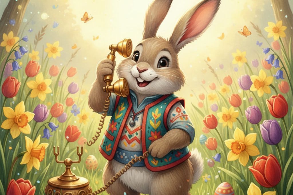 Ein fröhlicher Osterhase in bestickter Weste telefoniert mit einem goldenen Telefon auf einer Frühlingswiese voller Tulpen, Narzissen und Ostereier