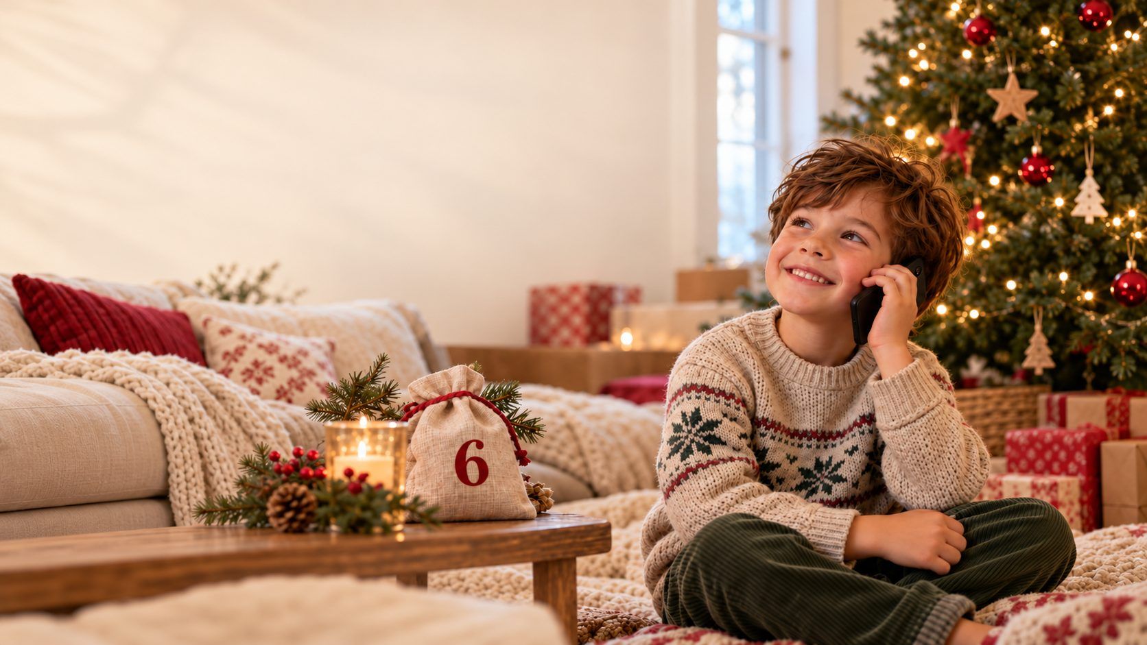 Ein Junge im Weihnachtspullover telefoniert strahlend vor dem geschmückten Weihnachtsbaum