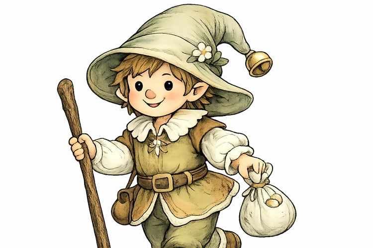 Illustration des kleinen Zwergs mit grünem Zipfelhut samt Glöckchen, Wanderstab und Stoffbeutel in der Hand